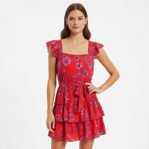 Band of the Free red and pink floral tiered ruffle mini dress